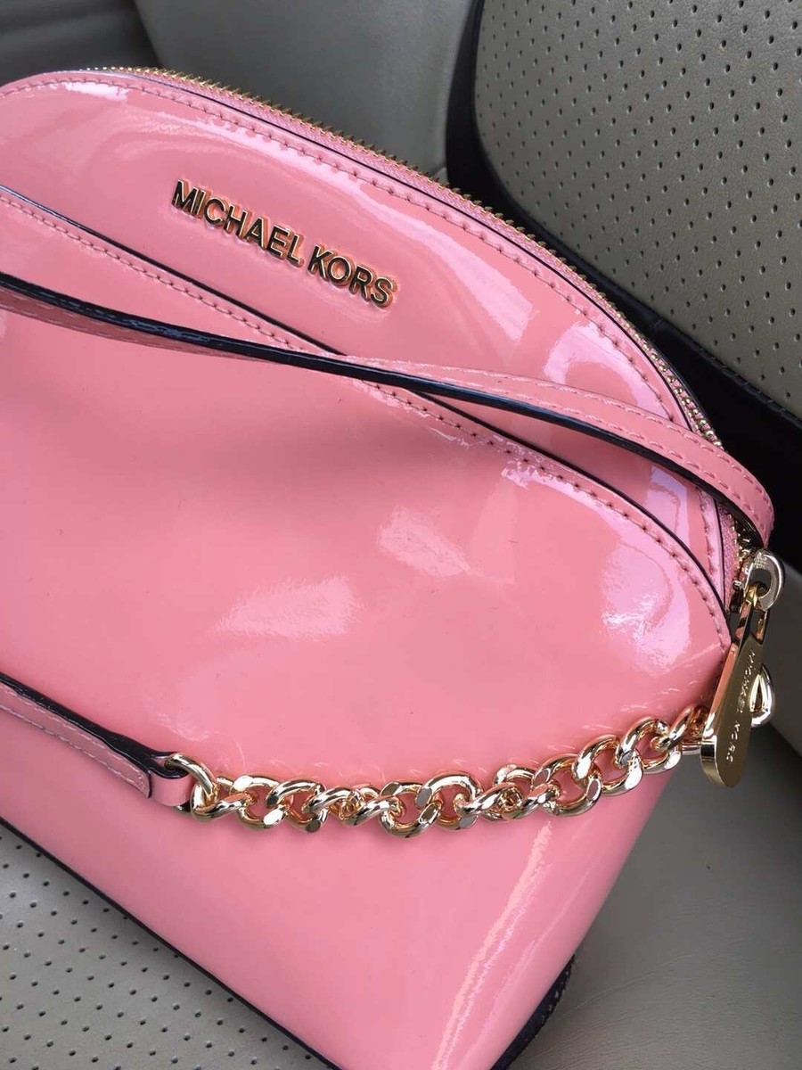 NWT Michael Kors Emmy MD Crossbody Patent Leather Purse Bag Peach