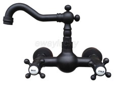 Oil Rubbed Bronze Bathroom Basin Sink Faucet Dual Handles Mixer Tap Wall Mount