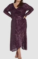 NW Nightway Women's Purple Sequin Ruched V-Neck Long Sleeve Dress Plus Size 14W