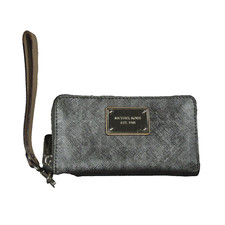 Michael Kors Wallet Metallic Gray Leather MK Printed Zipper Wristlet