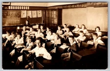 Classroom Interior Teacher and Pupils Pictured RPPC Real Photo Postcard