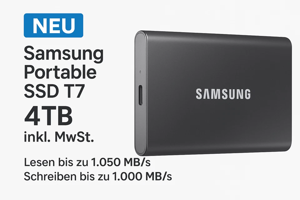 Samsung Portable SSD T7, grau, 4TB, USB-C 3.1 extern NEU 1.050 MB/s