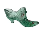 Vintage Fenton ~6"L Green Rose Art Glass Slipper Shoe Painted Artist Signed