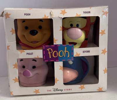 VINTAGE DISNEY STORE PLASTIC FIGURAL MUGS PIGLET POOH EEYORE TIGGER APPLAUSE NEW