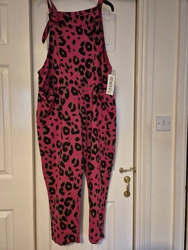 Ladies Italian Lagenlook 2 Pocket Pink  Animal Print Cotton  Design Dungarees