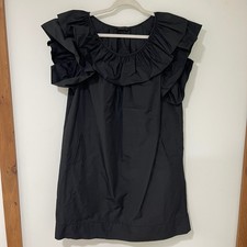 BCBGMAXAZRIA Black Ruffle Neck Taffeta Mini Dress Women L Shift Cocktail LBD