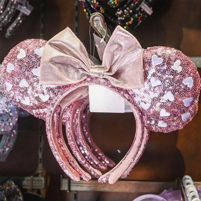 Disney Parks Limited Pink Sequin White Heart Minnie Mickey Mouse Ear Headband