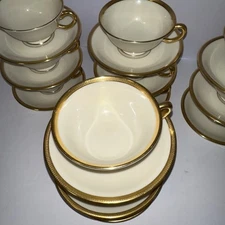 Set 14 Lenox TUXEDO Footed Cups & Saucers Gold Trim & Gold Backstamp Perfect