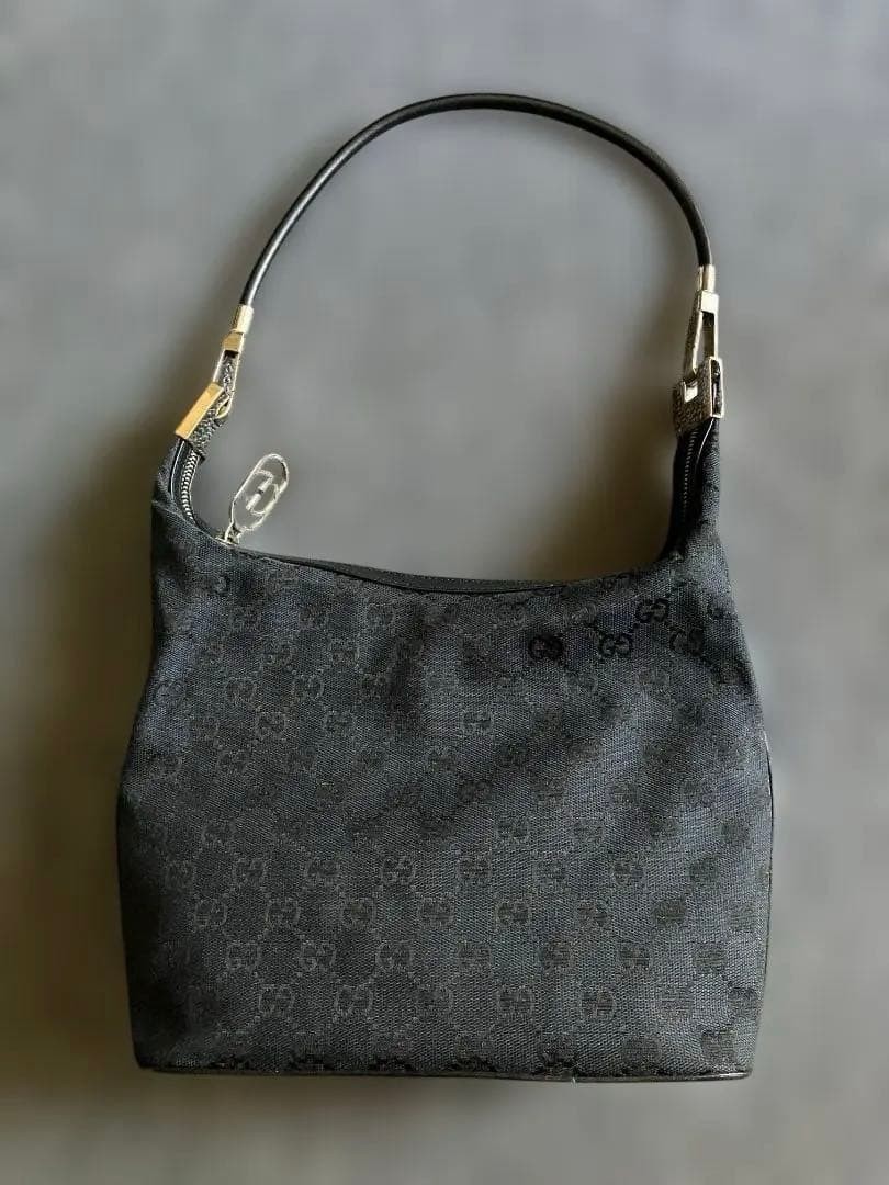 Excellent Rare GUCCI Hand One Shoulder Bag GG Black Canvas Old