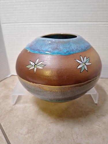 Always Azul Pottery Hand Thrown Brown Blue Drip Glaze Squat Planter Daisy 5" - Picture 2 of 13