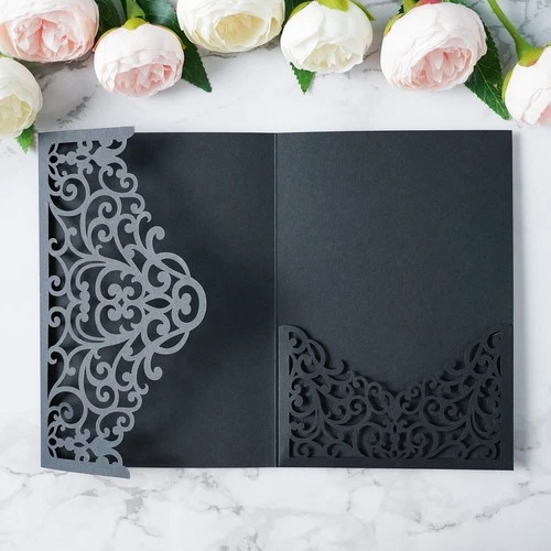 20PCS Black Laser Cut Wedding Invitations Pockets Trifold 5x7 Set Kit Set