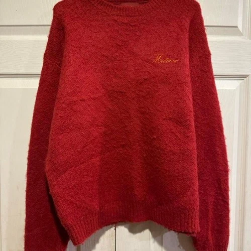 Mutimer shaggy mohair knit in the wine colorway. Super thick, fuzzy, and heavy. - product listing photo