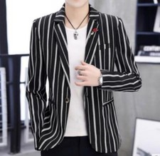 Men's Suit Jacket Slim Fit Casual Single-breasted Short Coat Stripe One Button