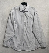 Perry Ellis Mens Button Shirt White Stripe Large Classic Fit Cotton Collar Long