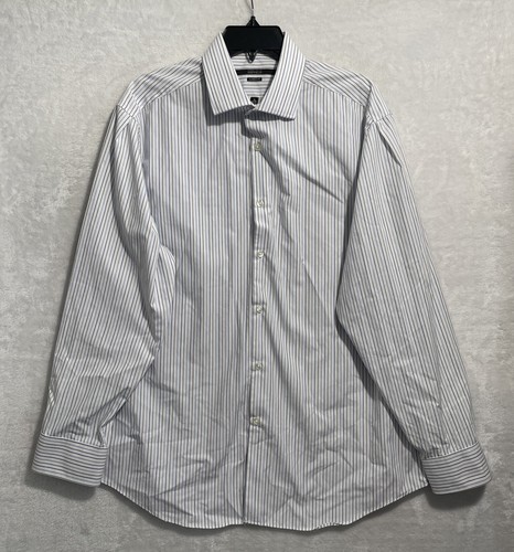 Perry Ellis Mens Button Shirt White Stripe Large Classic Fit Cotton Collar Long - Picture 1 of 5
