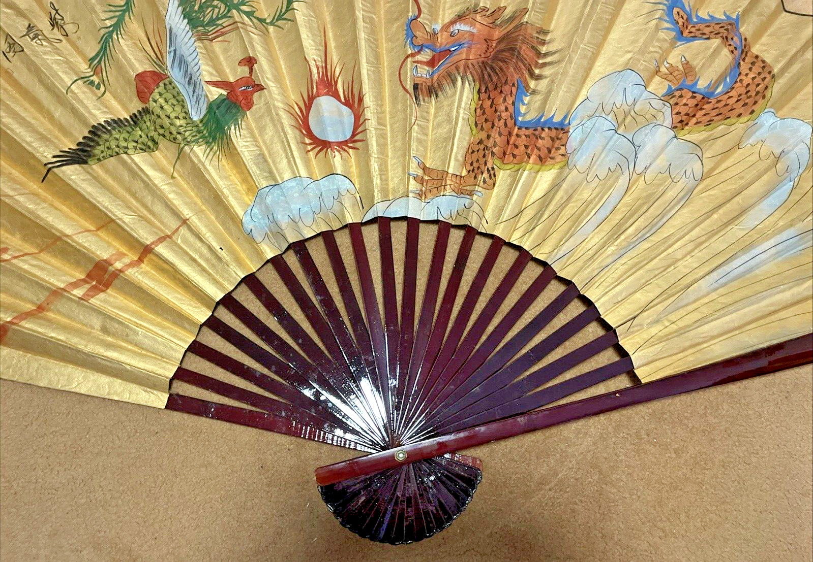 Vintage Large 72”x36" Chinese Folding Wall Hanging Fan with Dragons