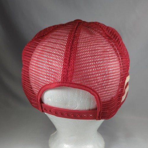 Vintage 80s Peoples Bank 3 Stripe Trucker Hat Snapback Red Mesh Cap Made in USA - Picture 3 of 9