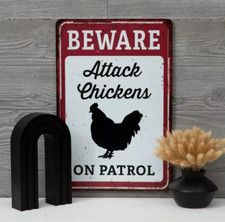 Beware Attack Chickens Metal Sign 12x18 Retro Vintage