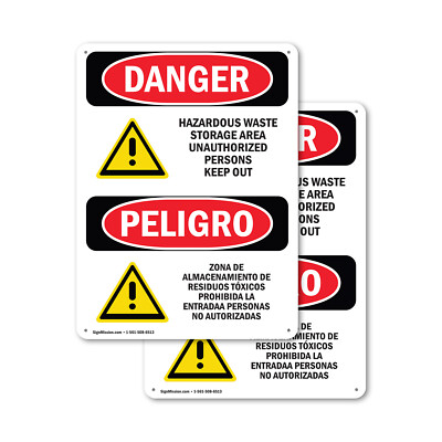 (2 Pack) Hazardous Waste Storage Area Bilingual OSHA Danger Sign Decal Metal