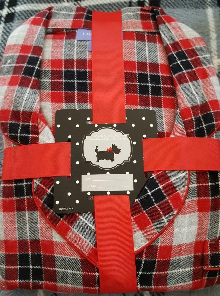 Laura Scott Ladies Flannel Pajamas Red Black Gray Plaid Size