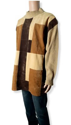 Koman Sport Mens Color Block Sweater Beige Brown Faux Suede 
