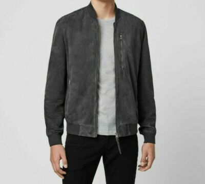 Authentisch Herren Echt Weiches Lammleder Wildleder Gerippt Bomber Grau Jacke