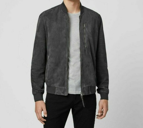 Authentic Men's Real Genuine Soft Lambskin Suede Ribbed Bomber Gray Jacket - 第 1/7 張圖片