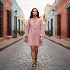 LOFT Women's Dusty Pink Textured Long Sleeve Boho Mini Dress Size SP 