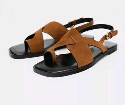 Zara Nwt Suede Leather Slide Strappy Sandals Toe Loop Metal Buckle  Brown Size 8