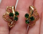 Vintage Coro Green Rhinestone Clover Gold Tone Leaf Screwback Earrings