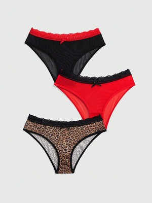3er Set Damen Slips im Gothic Stil mit Spitzen Patchwork und Leoparden Billig24