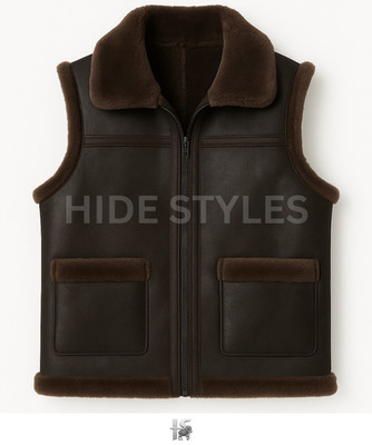 Men's Real Shearling Dark Brown SheepSkin Leather Vest .