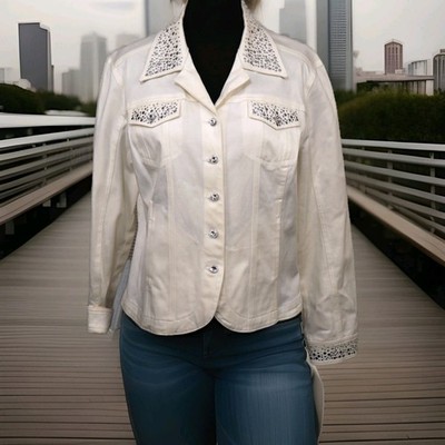 Christine Alexander Swarovski Crystal Embellished White Denim Jacket sz Med