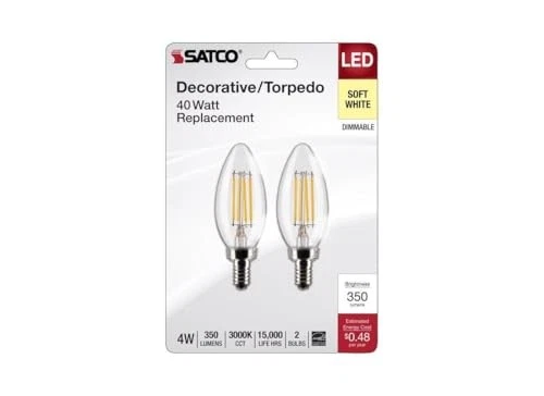  S21820 4 Watt B11 LED Bulb, Clear, Candelabra Base, 3000K, 350 Lumens, 120  - Picture 2 of 5