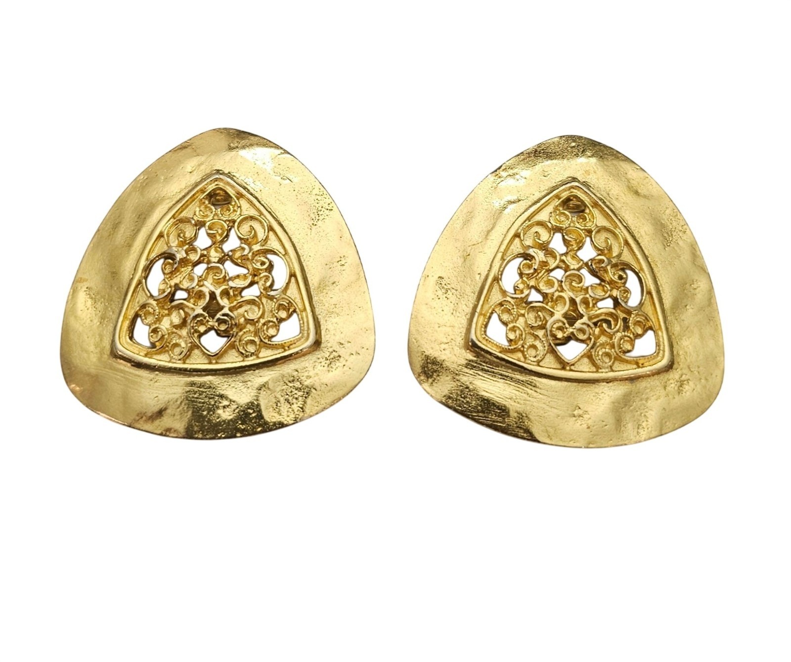 Gold Tone Triangular Clip On Center Filigree Earr… - image 14
