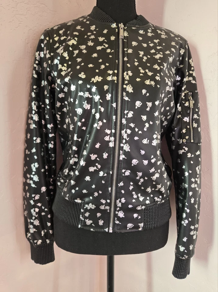 Chaqueta de moto MICHAEL KORS para mujer de cuero sintético negra talla XS estampado floral metálico Foto 4 de 4