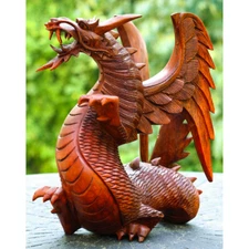 8.5" Wooden Hand Carved Dragon Handmade Sculpture Statue Home Decor Figurine Art