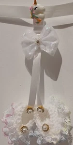Pram charms**new**white  girl booties Baby pram charm hand knitted With Unicorn