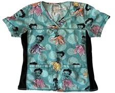 Betty Boop Mermaid Scrub Top Blue sz Medium Stretch Side Panels
