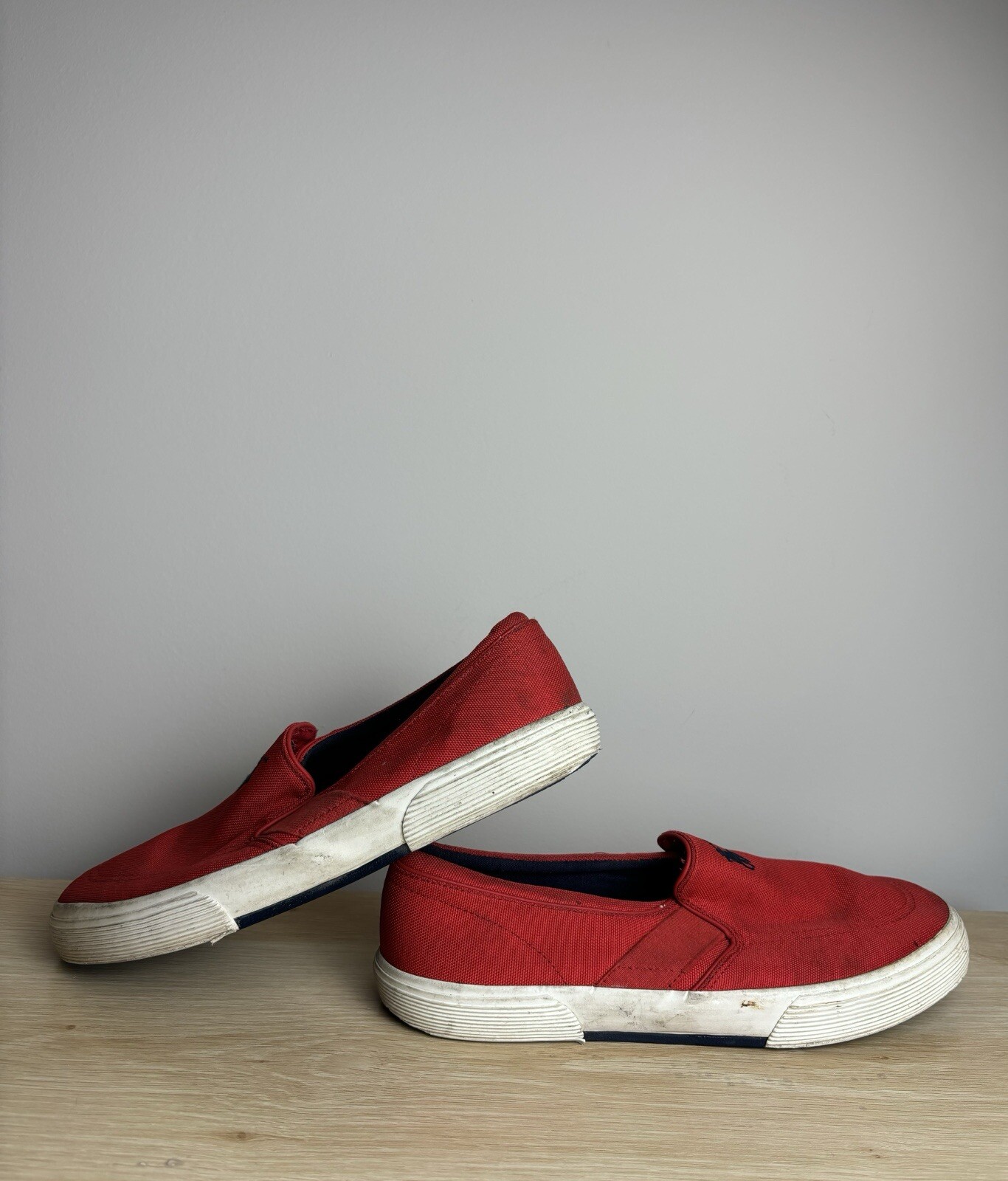 Scarpe da ginnastica Polo Ralph Lauren uomo taglia 10D Fakenham slip on rosse blu logo pony