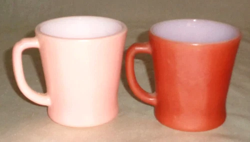 Fire King Pink & Burnt Orange  Brown D Handle Coffee Mugs Cups, Vintage