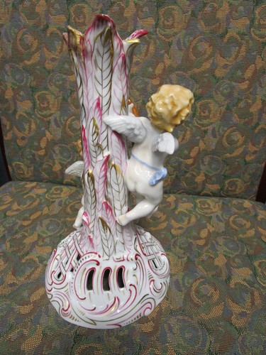 PORTAVELAS HEREND CON DOS ÁNGELES TOCANDO MÚSICA De Colección Porcelana Hungría - Imagen 4 de 9