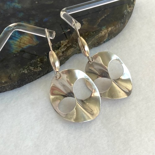 Sterling Silver 925 Artisan Modernist Style Infinity Disc Dangle Drop Earrings - Picture 6 of 18