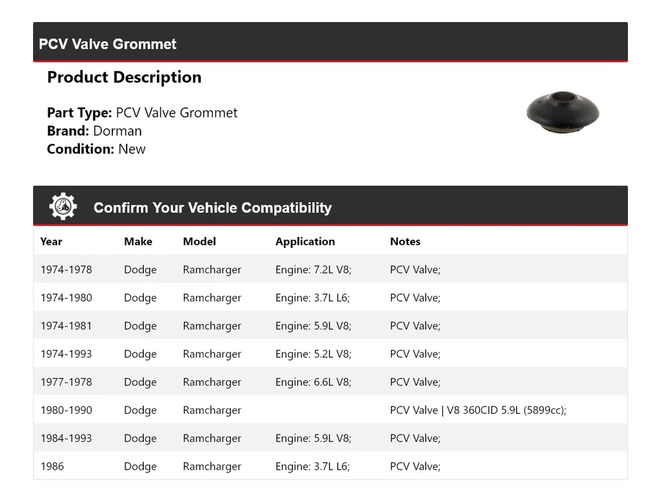 For 1974-1993 Dodge Ramcharger Dorman PCV Valve Grommet 1975 1976 1977 1978 1979 - Image 2 of 4