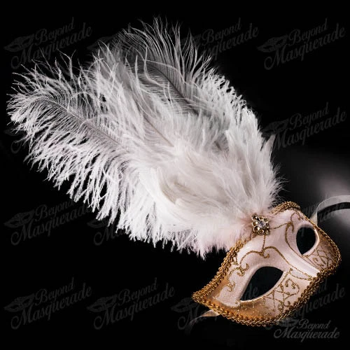 White/Gold Venetian Feather Mask with Ostrich Feather -  Masquerade Mask  - Image 2 of 4