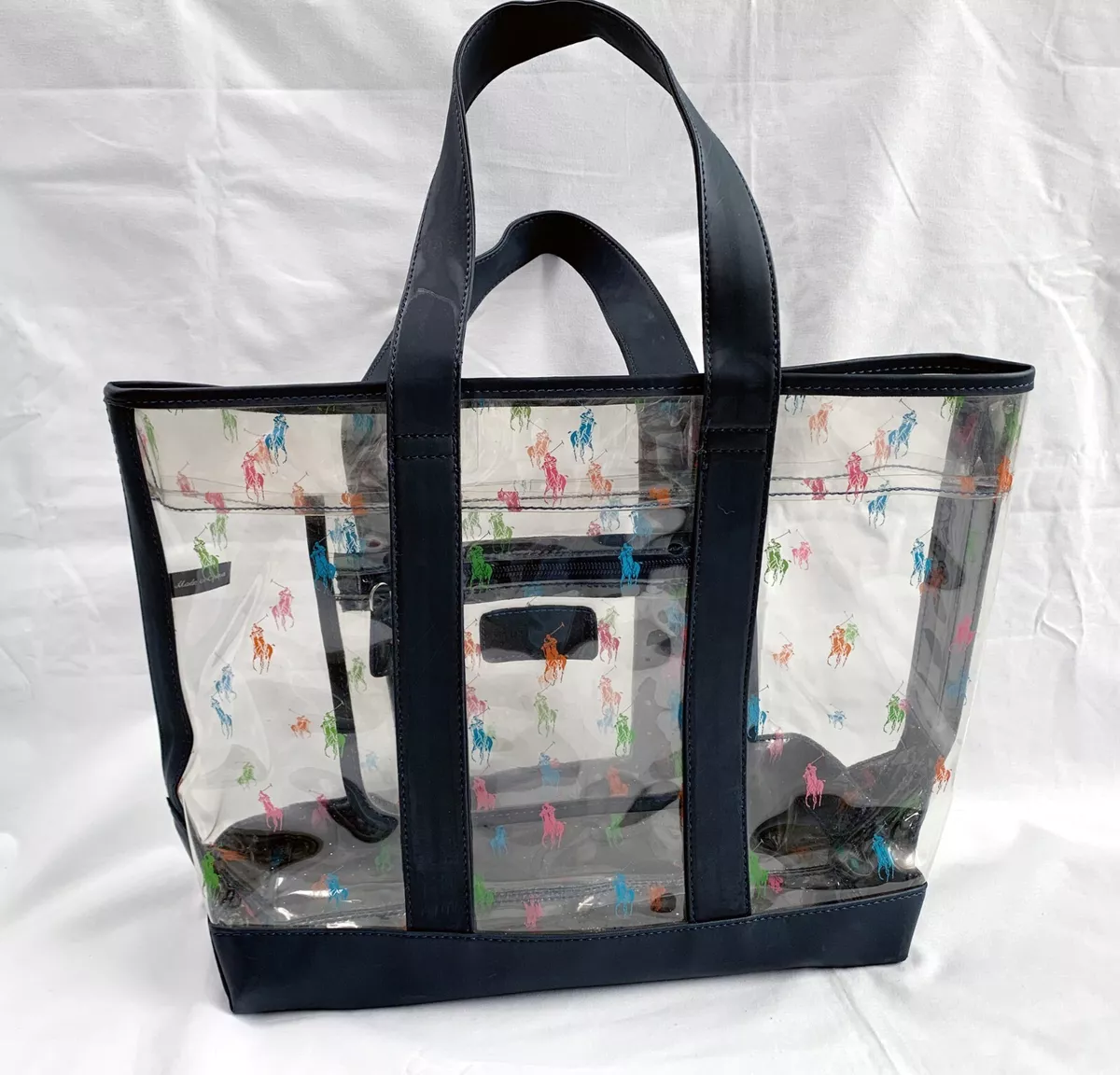 Vtg Ralph Lauren Clear Vinyl Beach Tote Shoulder Bag Multi Color Polo Horses