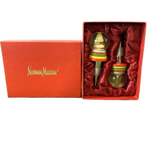 Retro Dept 56 Neiman Marcus Snow Globe Tree Wine Bottle Stoppers (2) 2008 in Box