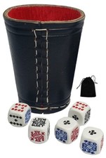 Premium 16mm Poker Dice White w/Pouch Genuine Leather Compact Cup Black Red