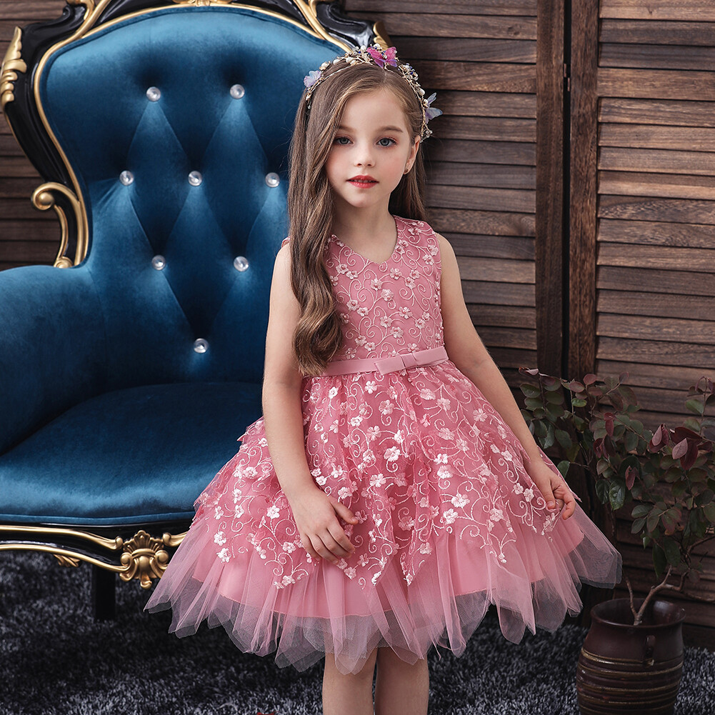 WAWALI Flower Girl Dress - Lace Jewel Belt, Princess Birthday Party Gown, Tulle & Satin