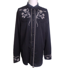 Vtg Roper Large Black White Floral Embroidary Pearl Snap Long Sleeve Western